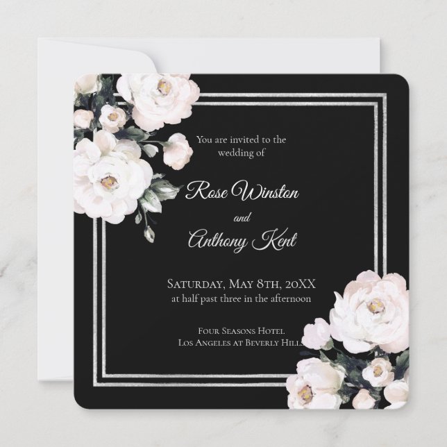 Invitación Elegante marco plateado floral blanco Boda negro (Anverso)