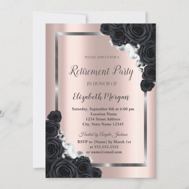 Invitación Elegante marco plateado,Jubilación de Rosas negros (Anverso)