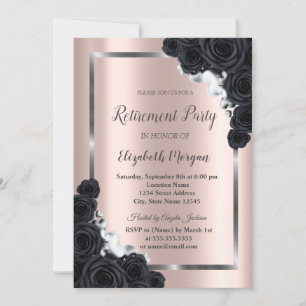 Invitación Elegante marco plateado,Jubilación de Rosas negros