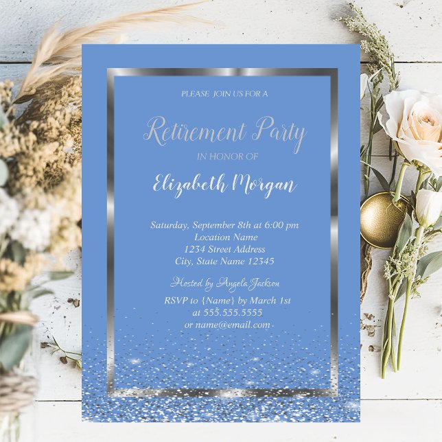 Invitación Elegante marco plateado retiro de confeti blanco (Subido por el creador)