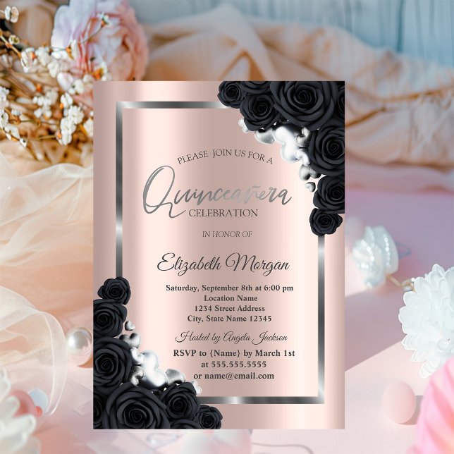 Invitación Elegante marco plateado, Rosas negros Quinceañera (Subido por el creador)