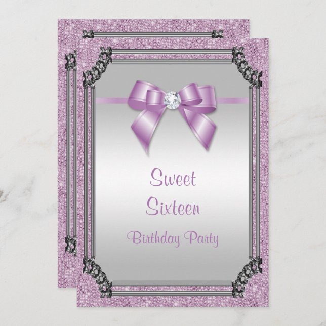 Invitación Elegante marco plateado y lilac posh Gem Bow Sweet (Anverso / Reverso)