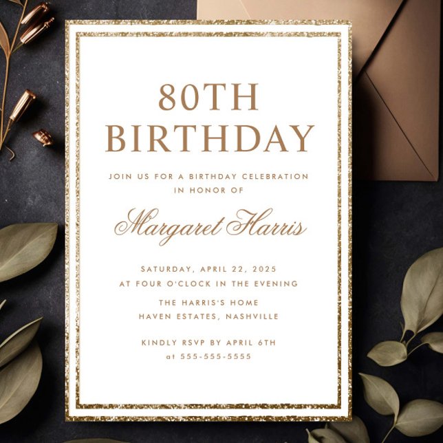 Invitación Elegante Marco Purpurina de Oro 80 Aniversario (Subido por el creador)