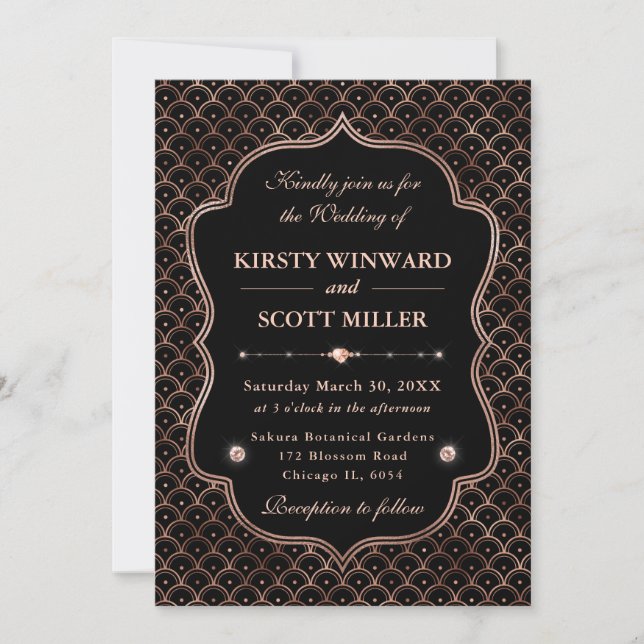 Invitación Elegante Marco Rosa Dorado Art Déco Boda (Anverso)