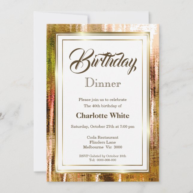 Invitación Elegante marco rústico de oro 40 cumpleaños cena (Anverso)