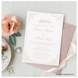 Invitación Elegante Marco Victoriano de Encaje Dorado Boda Mu