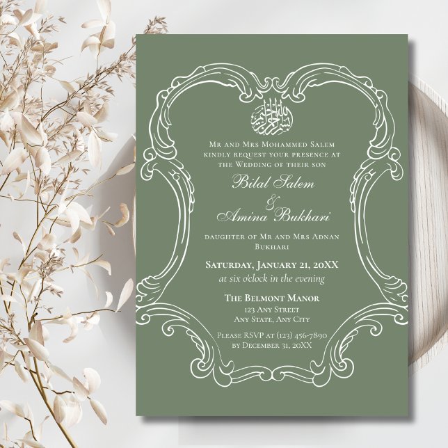 Invitación Elegante marco vintage Sage Boda islámico verde (Subido por el creador)