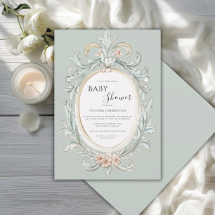 Invitación Elegante Marco Vintage Verde Salvia Baby Shower