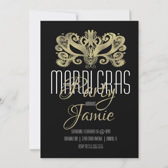 Invitación Elegante Mardi Gras Fiesta Faux Gold y Black (Anverso)