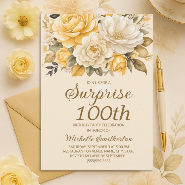 Invitación Elegante Marfil Amarillo Crema Floral Sorpresa 100 (Yellow and cream floral 100th birthday party invitation)