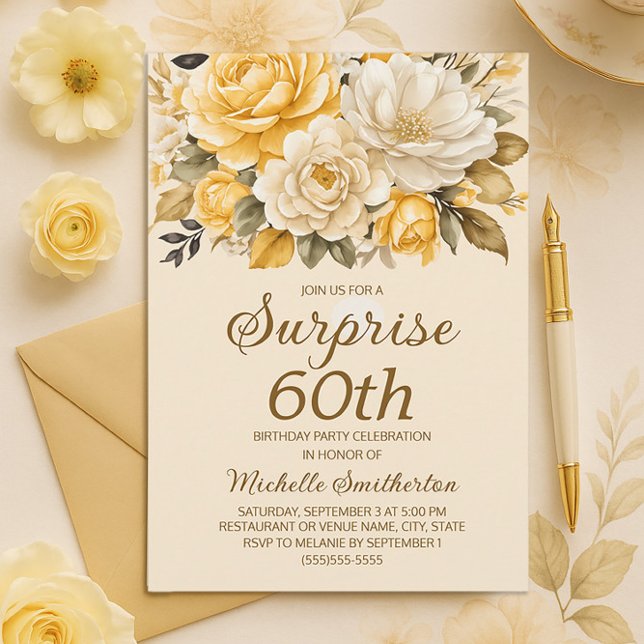 Invitación Elegante Marfil Amarillo Crema Floral Sorpresa 60 (Yellow and cream watercolor floral 60th birthday party invitation)