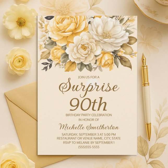 Invitación Elegante Marfil Amarillo Crema Floral Sorpresa 90 (Yellow and cream floral 90th birthday invitation)