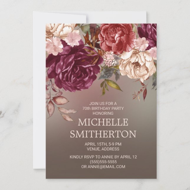 Invitación Elegante Marfil Borgoña Marrón 70 cumpleaños (Anverso)
