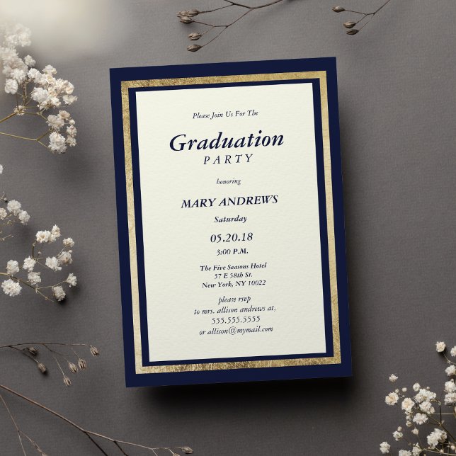 Invitación Elegante marfil moderno azul marino oro Graduación (Elegant modern ivory navy blue gold Graduation)