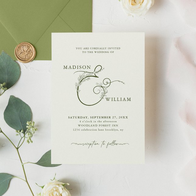 Invitación Elegante marfil moss verde floral Ampersand Boda (Subido por el creador)