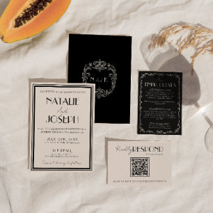 Invitación Elegante Marfil Negro Lujo Dinero Antiguo Retro Bo