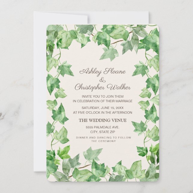 Invitación Elegante marfil verde deja Boda crema (Anverso)