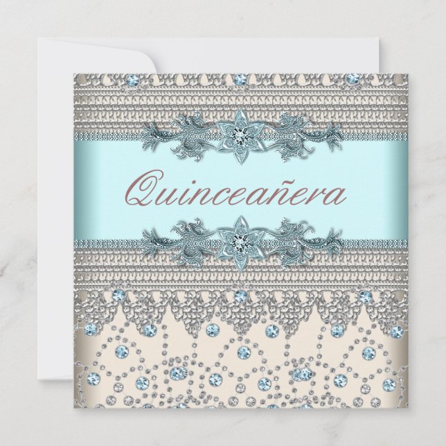 Invitación Elegante marfil y Verde azulada quinceañera azul (Anverso)