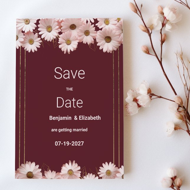 Invitación Elegante margarita de oro rosa burdeos Salven la f (Elegant burgundy pink gold daisy Save the Date)