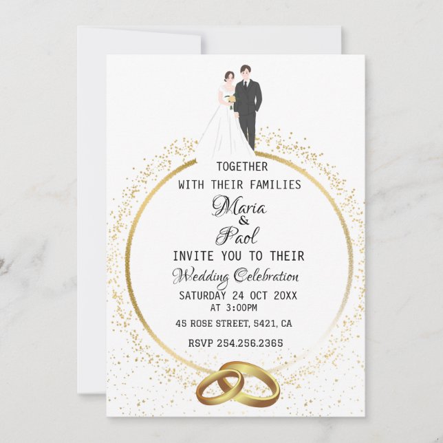 Invitación elegante marido de novia y anillos boda purpurina (Anverso)