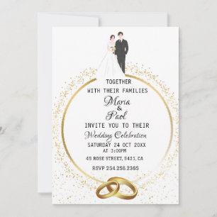 Invitación elegante marido de novia y anillos boda purpurina