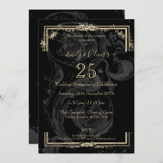 Invitación Elegante Marie Antoinette en negro Aniversario  (Anverso / Reverso)