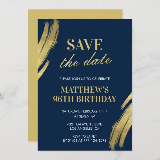 Invitación Elegante Marina 96 cumpleaños Guardar la fecha (Anverso / Reverso)