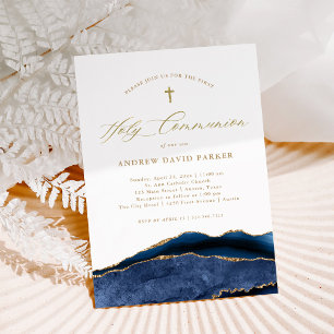 Invitación Elegante Marina Azul Agate Oro Primera Santa Comun