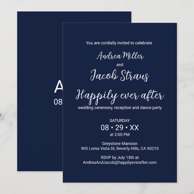 Invitación Elegante Marina Azul blanco feliz por siempre desp (Anverso / Reverso)