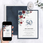 Invitación Elegante Marina Azul Borgoña Floral 50 cumpleaños<br><div class="desc">¡Saluda a tu 50° estilo con esta magnífica invitación al 50 aniversario de la Floral Azul de Borgoña de la Marina! Con un exquisito ramo de ricas flores azul marino y borgoña y vegetación botánica, esta lujosa tarjeta marca el tono perfecto para su celebración especial. La elegante caligrafía con letras...</div>