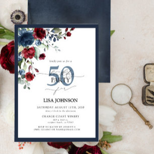 Invitación Elegante Marina Azul Borgoña Floral 50 cumpleaños