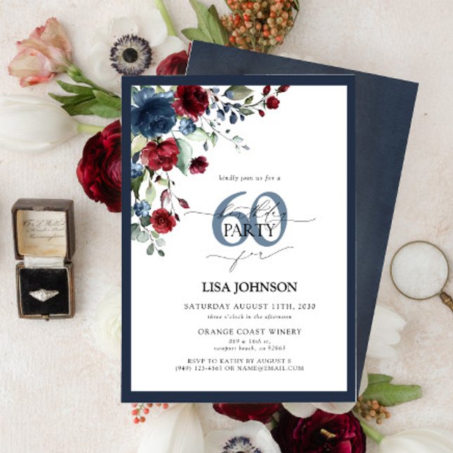 Invitación Elegante Marina Azul Borgoña Floral 60 cumpleaños (Subido por el creador)