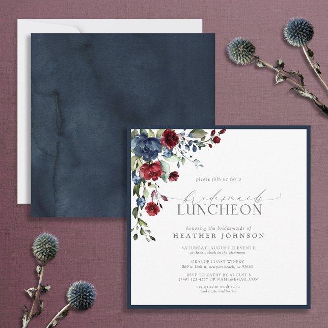Invitación Elegante Marina Azul Borgoña Floral Bridal Luncheo (Subido por el creador)