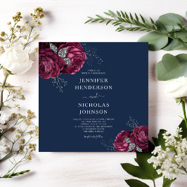 Invitación Elegante Marina Azul Borgoña Rojo Floral Peonies