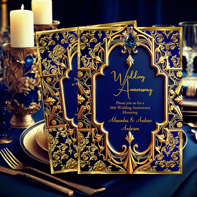Invitación Elegante Marina Azul Gem Oro 50 Aniversario (Subido por el creador)
