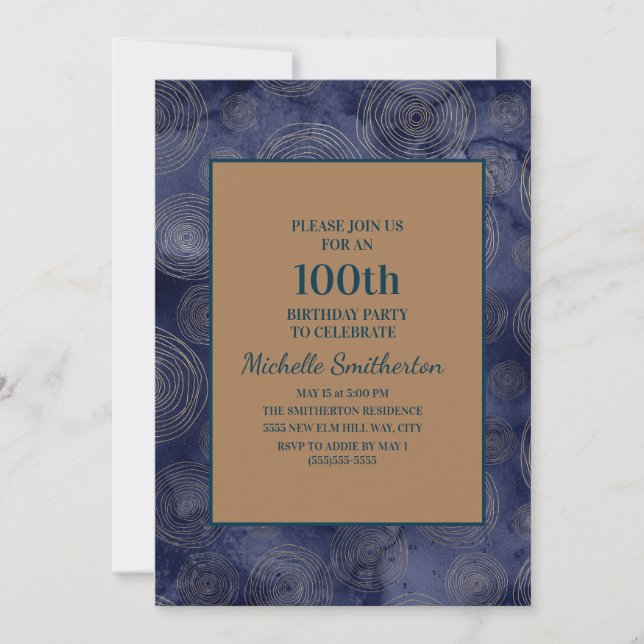 Invitación Elegante Marina Azul Oro 100 cumpleaños (Anverso)