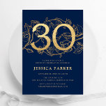 Invitación Elegante Marina Azul Oro 30 cumpleaños<br><div class="desc">Elegante invitación a la fiesta de cumpleaños 30 de oro azul marino. Diseño femenino moderno de personalizable con acentos botánicos rosas y oro falso purpurina. Sencilla tarjeta de invitación floral perfecta para una elegante celebración de cumpleaños femenina. Personaliza con tus propios detalles. Invitaciones Zazzle impresas o una plantilla imprimible digital...</div>