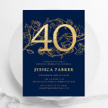 Invitación Elegante Marina Azul Oro 40 cumpleaños<br><div class="desc">Elegante invitación a la fiesta de cumpleaños 40 de oro azul marino. Diseño femenino moderno de personalizable con acentos botánicos rosas y oro falso purpurina. Sencilla tarjeta de invitación floral perfecta para una elegante celebración de cumpleaños femenina. Personaliza con tus propios detalles. Invitaciones Zazzle impresas o una plantilla imprimible digital...</div>