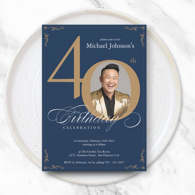 Invitación Elegante Marina Azul Oro 40 cumpleaños (Elegant Navy Blue Gold 40th Birthday Invitation)