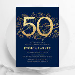 Invitación Elegante Marina Azul Oro 50 cumpleaños<br><div class="desc">Elegante invitación de fiesta de cumpleaños 50 de oro azul marino. Diseño femenino moderno de personalizable con acentos botánicos rosas y oro falso purpurina. Sencilla tarjeta de invitación floral perfecta para una elegante celebración de cumpleaños femenina. Personaliza con tus propios detalles. Invitaciones Zazzle impresas o una plantilla imprimible digital de...</div>