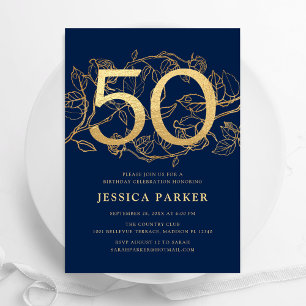 Invitación Elegante Marina Azul Oro 50 cumpleaños