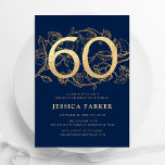 Invitación Elegante Marina Azul Oro 60 cumpleaños<br><div class="desc">Elegante invitación de fiesta de cumpleaños de oro azul marino 60. Diseño femenino moderno de personalizable con acentos botánicos rosas y oro falso purpurina. Sencilla tarjeta de invitación floral perfecta para una elegante celebración de cumpleaños femenina. Personaliza con tus propios detalles. Invitaciones Zazzle impresas o una plantilla imprimible digital de...</div>