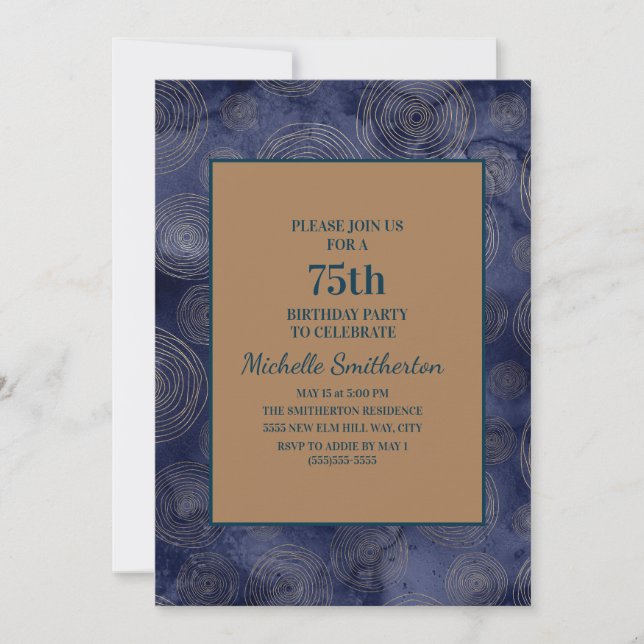 Invitación Elegante Marina Azul Oro 75 cumpleaños (Anverso)