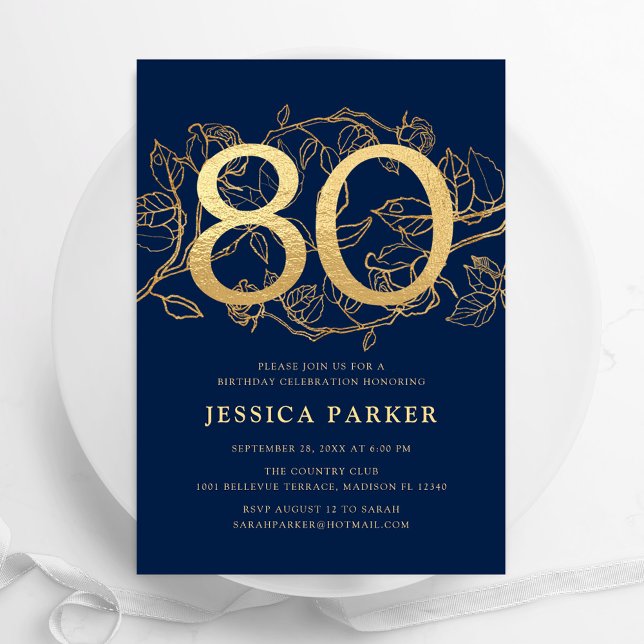 Invitación Elegante Marina Azul Oro 80 cumpleaños (Subido por el creador)