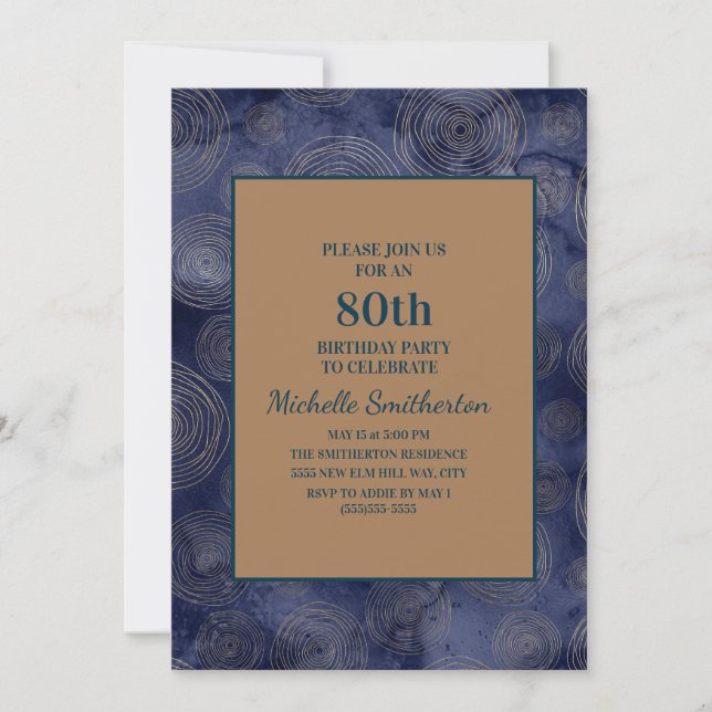 Invitación Elegante Marina Azul Oro 80 cumpleaños (Anverso)