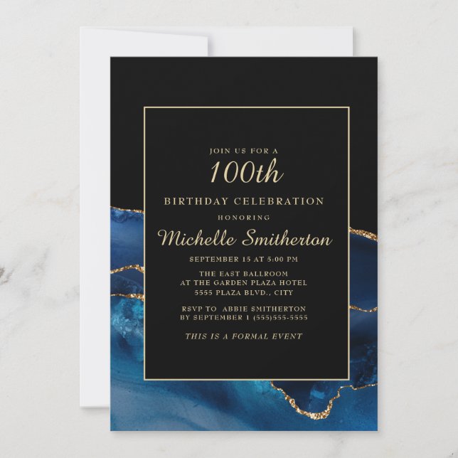 Invitación Elegante Marina Azul Oro Agate Mármol 100 cumpleañ (Anverso)
