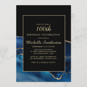 Invitación Elegante Marina Azul Oro Agate Mármol 100 cumpleañ
