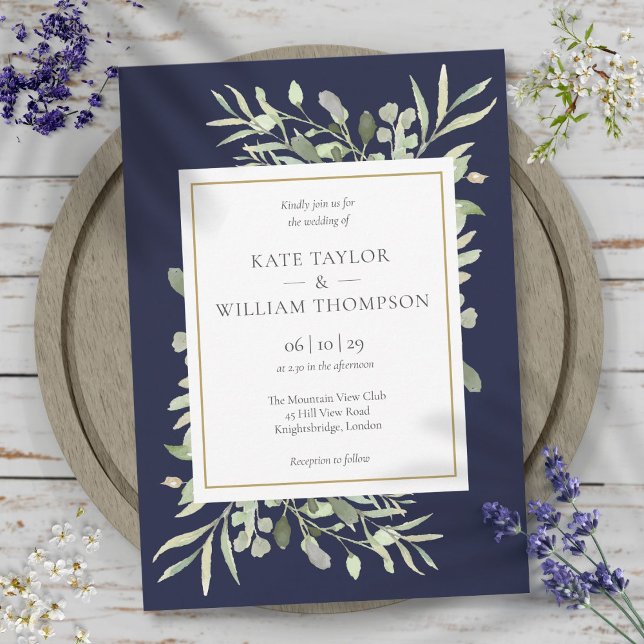 Invitación Elegante marina azul verde deja Boda (Elegant Navy Blue Greenery Leaves Wedding Invitation)
