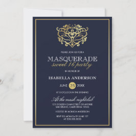 Invitación Elegante Marina Azul y Mascarada de Oro Dulce 16 F