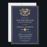 Invitación Elegante Marina Azul y Mascarada de Oro Dulce 16 F<br><div class="desc">Elegante Mascarada Azul y Oro de la Marina Dulce 16 Invitaciones de fiesta. Con una falsa máscara de Relieve metalizado dorado en la parte superior. Perfecto para una fiesta de 16 cumpleaños moderna y elegante.</div>